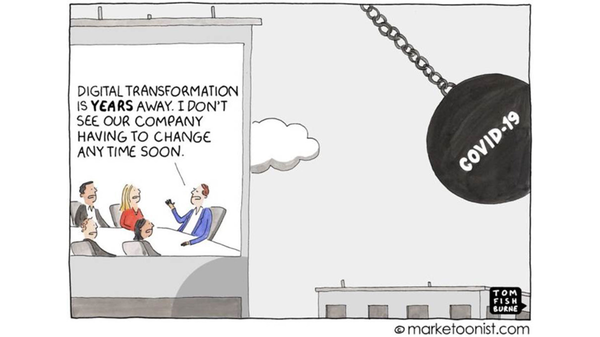 Cartoon that illustrates how businesses did not anticipate needing digital transformation, until Covid-19 made it an urgent need