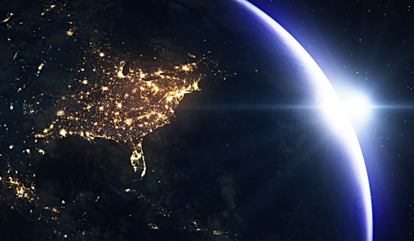 Satellite view of the earth with North America lit up