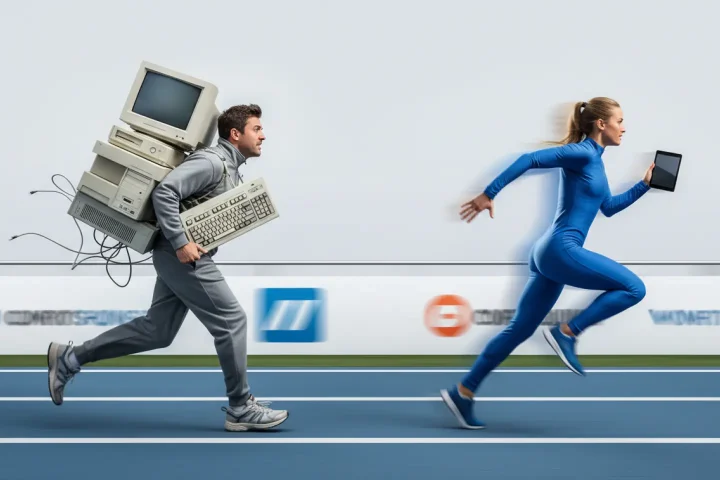 Two runners on a race course; one lags behind with an old computer, while the leader carries a tablet, symbolizing IBM i modernization urgency.