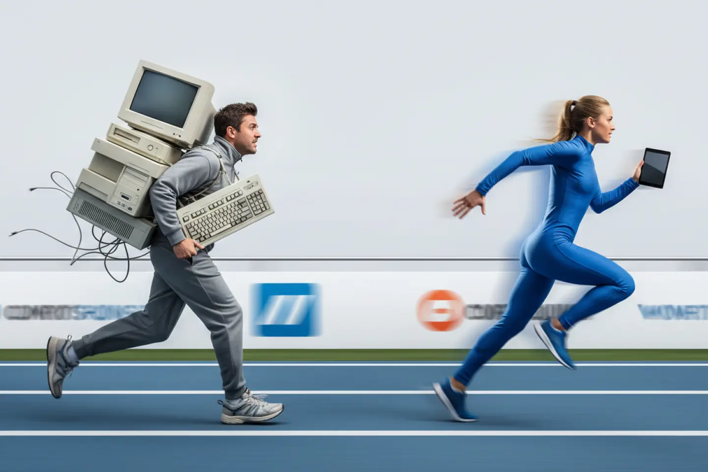 Two runners on a race course; one lags behind with an old computer, while the leader carries a tablet, symbolizing IBM i modernization urgency.